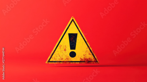 Caution sign with exclamation mark on red background, conveying alertness and warning. sign appears weathered, adding to its urgency and importance