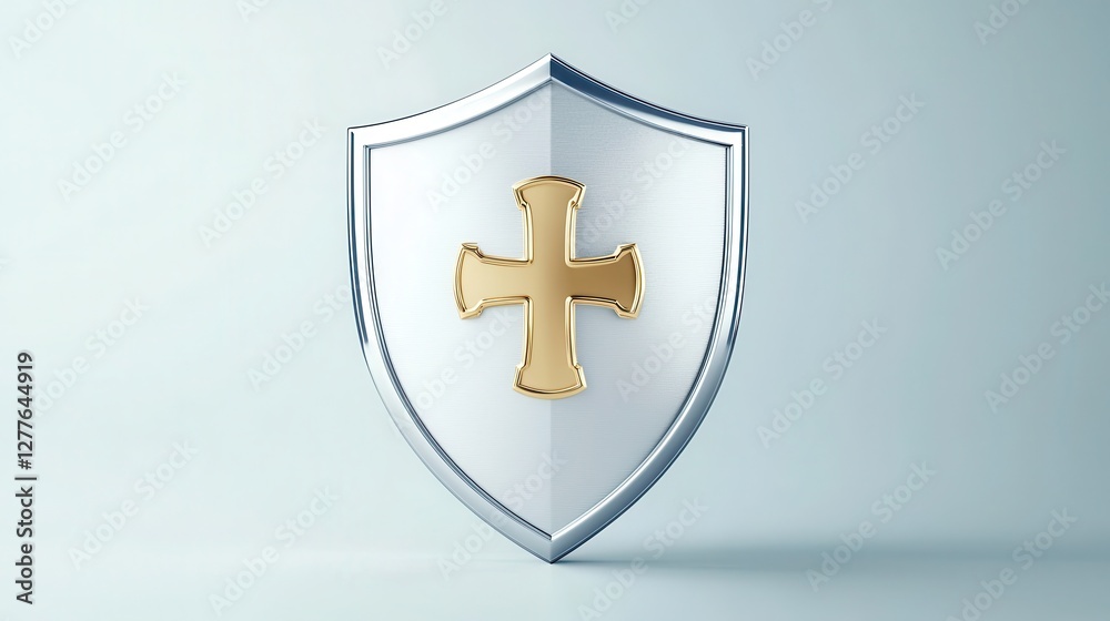 Obraz premium A shiny shield with a golden cross symbol, representing protection and strength, set against a soft, light background.