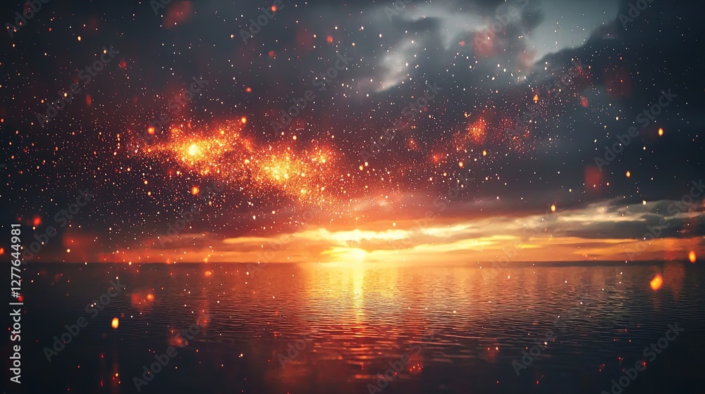 A surreal sunset where the sky blends into a galaxy of floating lights, with copy space. A surreal sunset where the sky blends into a galaxy of floating lights, with copy space.