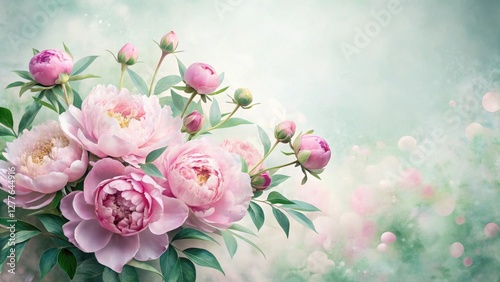 A Delicate Bouquet of Pale Pink Peonies with Soft Green Foliage Against a Dreamy Pastel Background