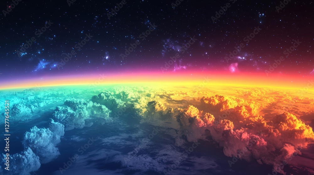 Fototapeta premium Eco-Friendly and Carbon Neutral Solutions for Climate Action. Vibrant cosmic scene with rainbow colors over a cloud-covered planet.