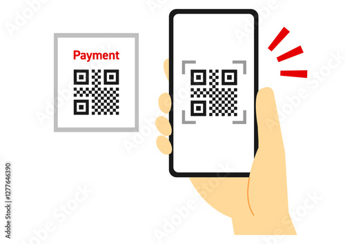 スマートフォンとカードでQRコード決済をするイメージイラスト_手あり
