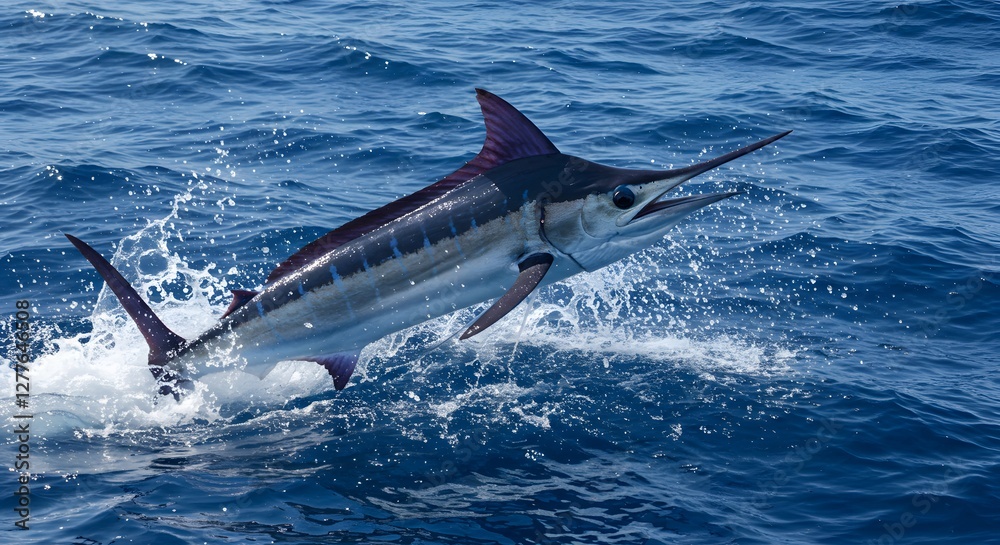 Fototapeta premium Marlin Fish Jumping Out of Ocean Water with Splashes and Dark Fins