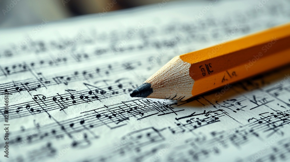 Pencil on sheet music; composition, creativity, learning Pencil on sheet music; composition, creativity, learning