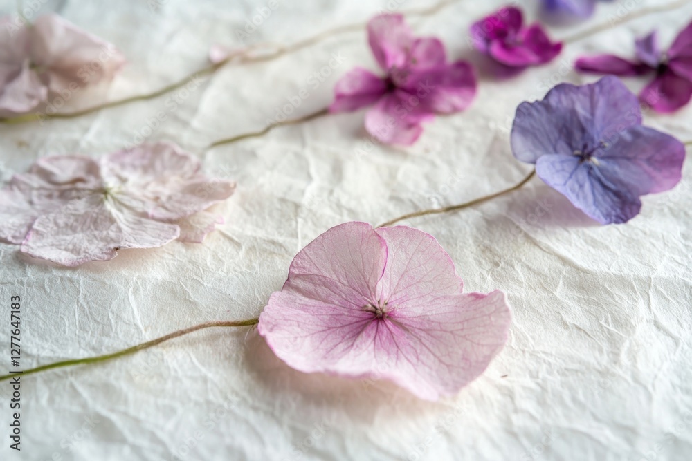 A beautiful arrangement of delicate pressed flowers in soft pastel shades, highlighting their intricate shapes and textures against a textured background.