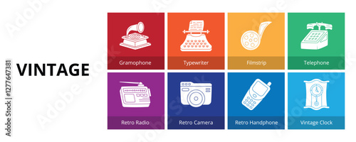 Vintage Glyph Solid Banner Web Icon Set Vector Illustration, Gramophone Typewriter Filmstrip Telephone Retro Radio Camera Retro Handphone Vintage Clock