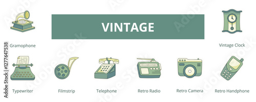 Vintage Lineal Color Banner Web Icon Set Vector Illustration, Gramophone Typewriter Filmstrip Telephone Retro Radio Camera Retro Handphone Vintage Clock
