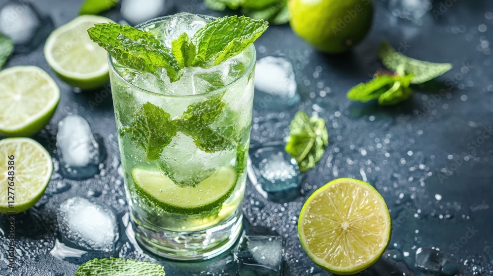 A refreshing mojito cocktail made with fresh mint leaves, lime slices, ice cubes, and soda water. Perfect for summer gatherings and parties.