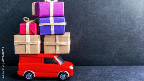 Red van carrying gifts on dark background photo