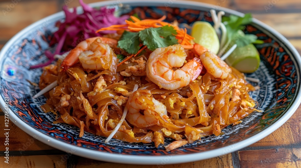 A vibrant plate of Pad Thai featuring shrimp, garnished with vegetables and lime, showcasing authentic Thai cuisine. A vibrant plate of Pad Thai featuring shrimp, garnished with vegetables and lime, showcasing authentic Thai cuisine.