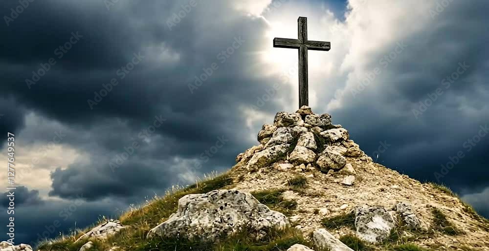 The cross stands atop a rocky hill, a symbol of faith against a dramatic, cloudy sky. The cross stands atop a rocky hill, a symbol of faith against a dramatic, cloudy sky.
