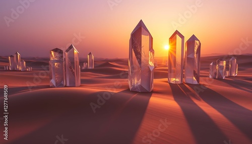 Desert Crystal Sunset: A Surreal Landscape of Giant Quartz Crystals