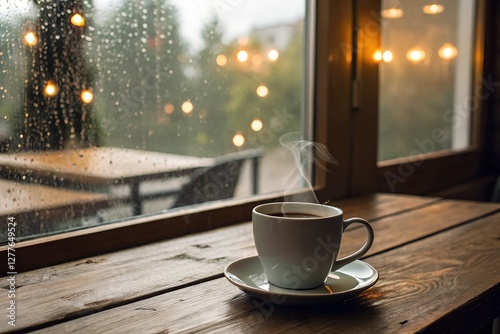 Cup of hot drinks on wooden table in rainy day coffee relaxing  weather