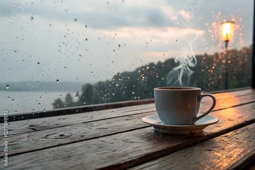 Cup of hot drinks on wooden table in rainy day coffee relaxing  weather