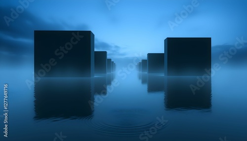 Mysterious Monoliths in a Serene, Foggy Lake at Dusk