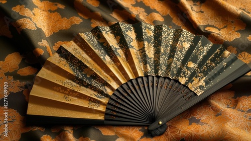 An elegant decorative fan rests on a luxurious fabric backdrop, showcasing intricate patterns and rich colors. Perfect for cultural themes and artistry.