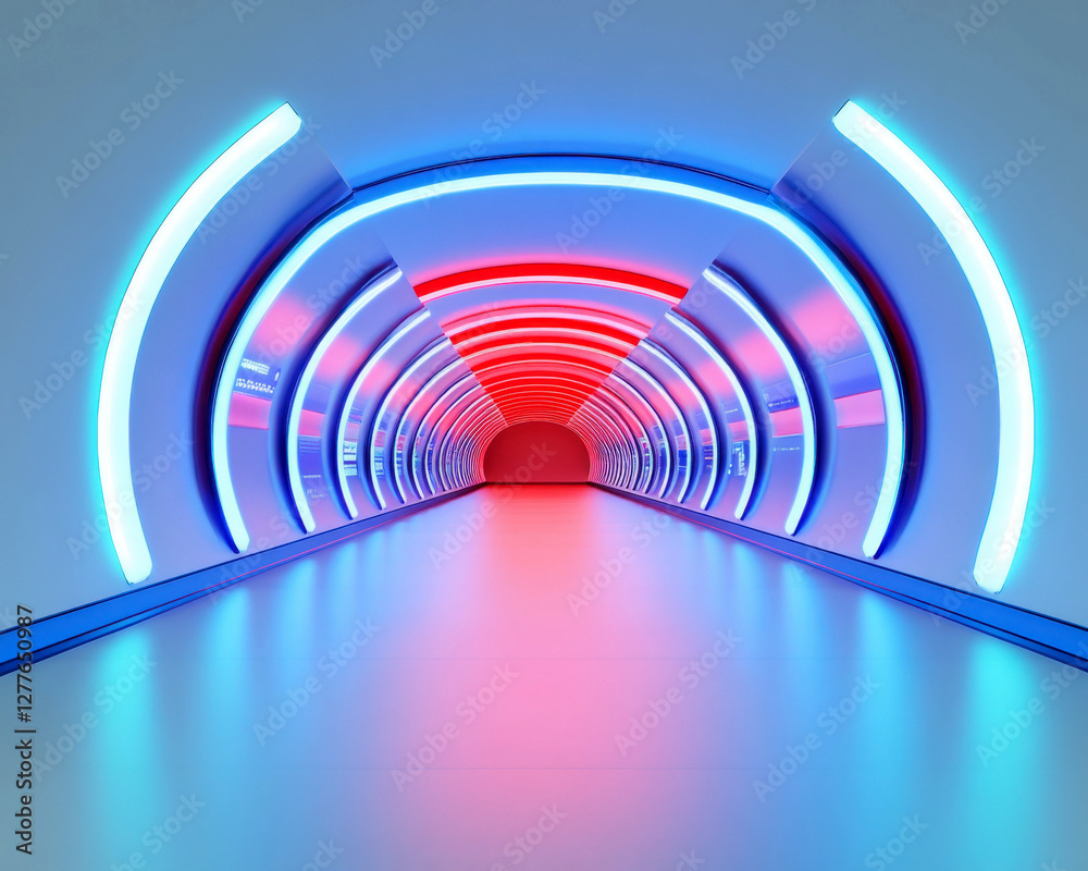Naklejka premium Futuristic tunnel illuminated with vibrant neon lights.