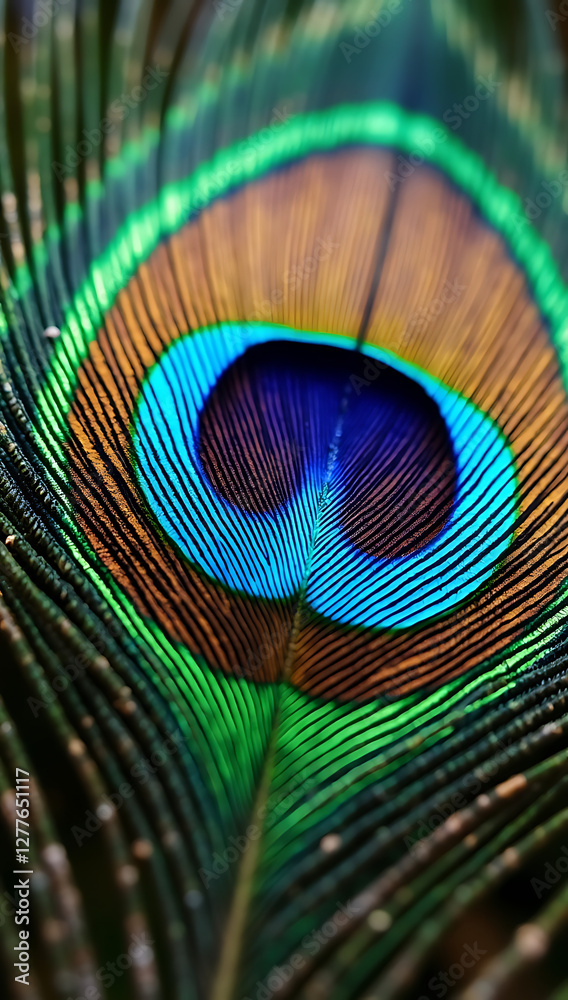 Naklejka premium A close-up of a vibrant peacock feather where the