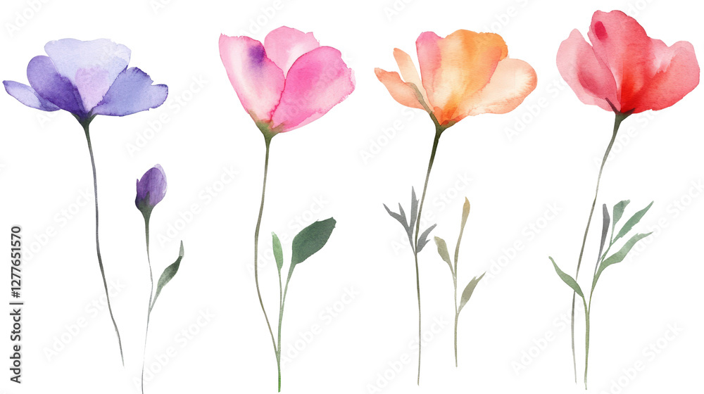Set of Botanical Flowers with Elegant Stems Set of Botanical Flowers with Elegant Stems
