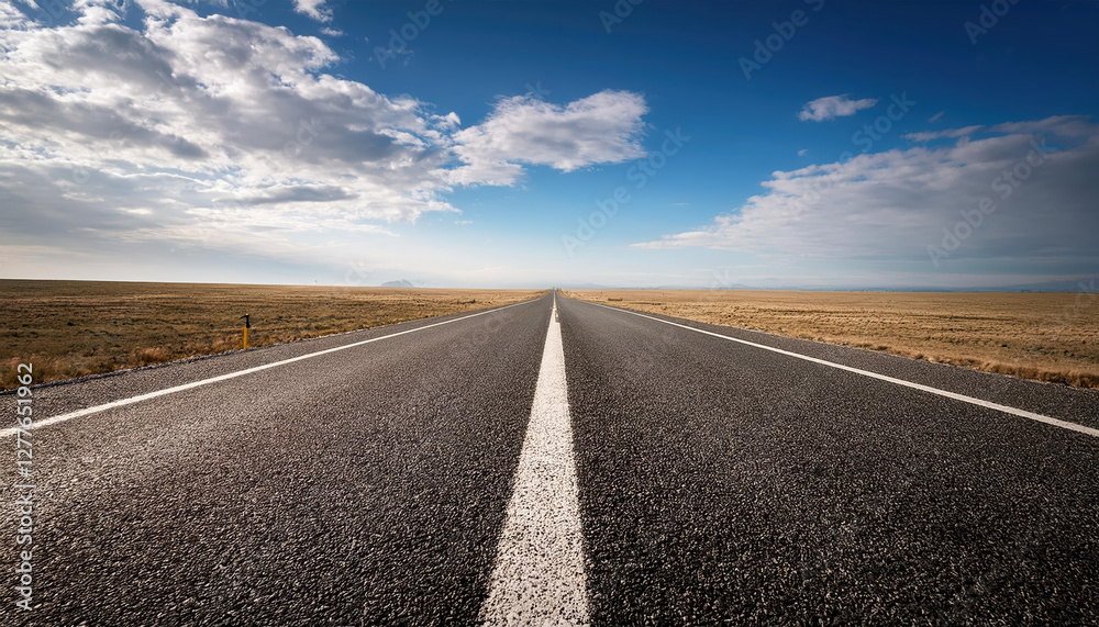 Fototapeta premium long open road stretching into distant horizon under vast blue sky