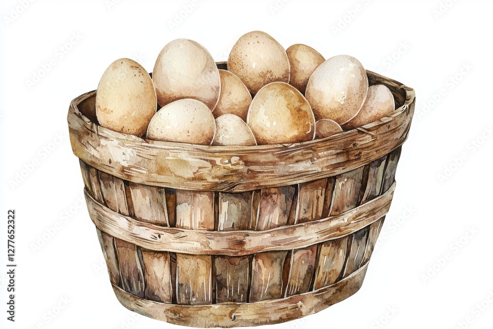 A rustic wooden basket filled with fresh, organic eggs. Perfect for culinary themes, farm scenes, or promoting a healthy lifestyle. A rustic wooden basket filled with fresh, organic eggs. Perfect for culinary themes, farm scenes, or promoting a healthy lifestyle.