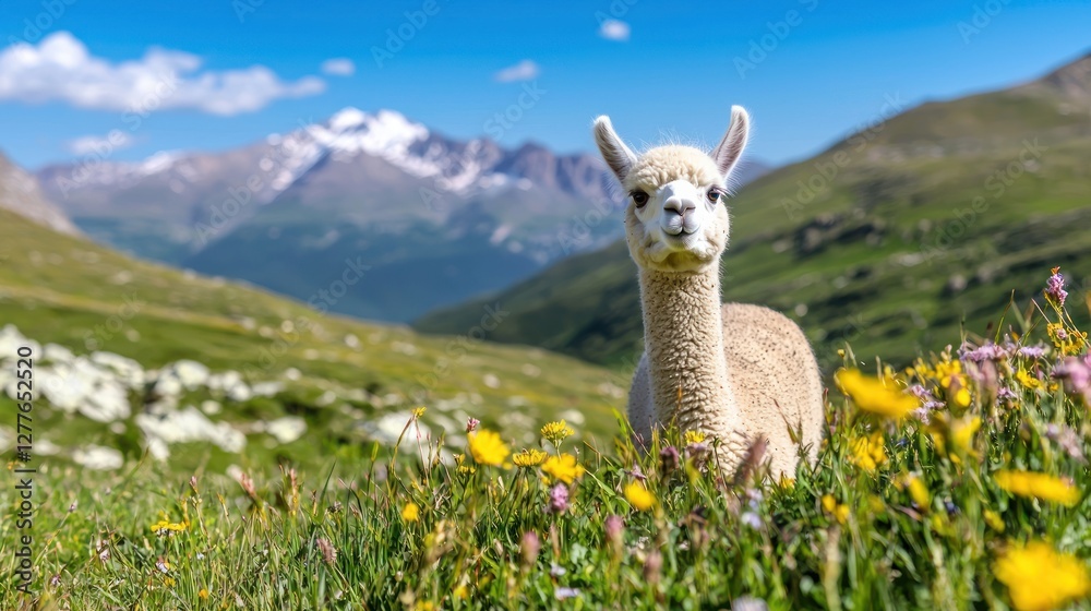 Fototapeta premium Charming alpaca portrait in alpine meadow with vibrant wildflowers and majestic mountain backdrop under blue sky