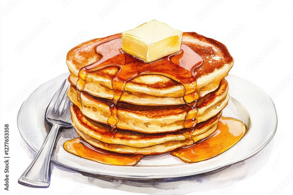Delicious stack of fluffy pancakes topped with melted butter and drizzled with golden syrup. A perfect breakfast treat for any morning. Delicious stack of fluffy pancakes topped with melted butter and drizzled with golden syrup. A perfect breakfast treat for any morning.