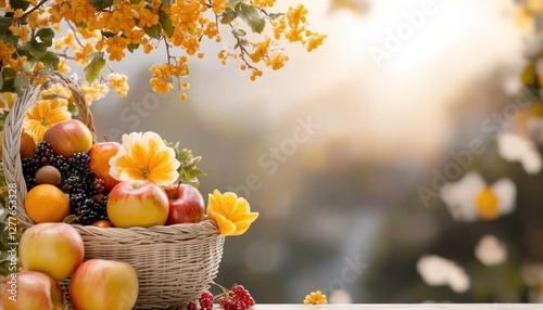 Celebrate nature's bounty with A vibrant mix of raw fruits including apples, grapes, and berries in a wicker basket, fresh and natural concept Enjoy the healthy goodness of organic produce, captured