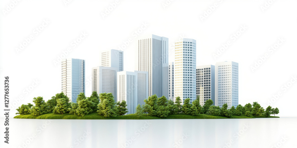 Fototapeta premium Modern cityscape with white skyscrapers surrounded by green trees, showcasing sustainable architecture and urban design