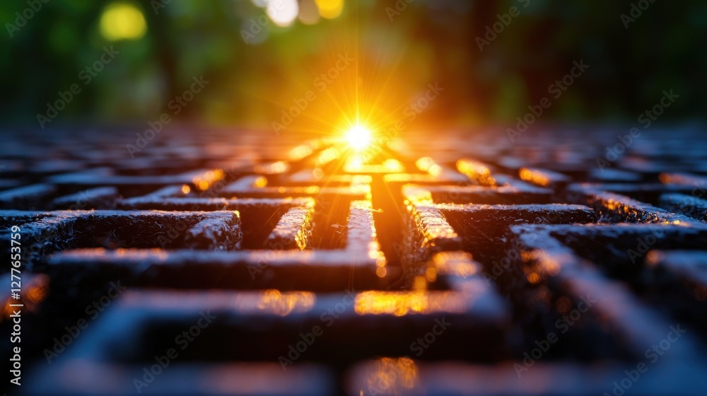 Abstract maze with a bright light shining at the end symbolizing solution and achievement in a dark background with a blurry background Abstract maze with a bright light shining at the end symbolizing solution and achievement in a dark background with a blurry background