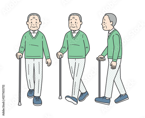 杖をついて歩く後期高齢男性を色々な方向から見たイラスト