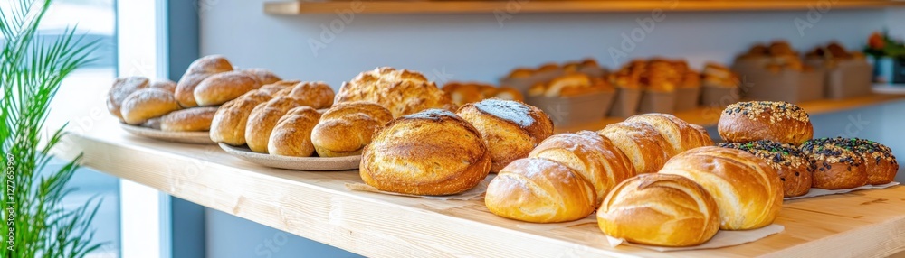 Discover a delightful array of freshly baked goods at our eco-friendly vegan grocery and bakery Wooden shelves overflow with artisan bread, tempting buns, and delectable snacks, all crafted with Discover a delightful array of freshly baked goods at our eco-friendly vegan grocery and bakery Wooden shelves overflow with artisan bread, tempting buns, and delectable snacks, all crafted with