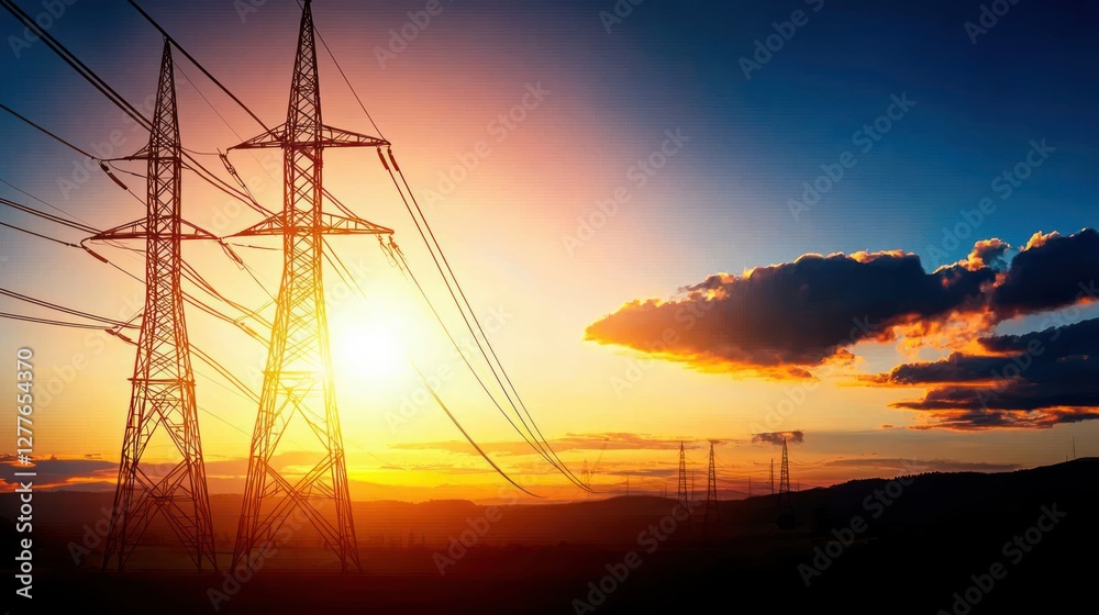 Fototapeta premium Electric Transmission Towers Against a Vibrant Sunset Sky with Dramatic Clouds and Warm Hues in a Serene Landscape