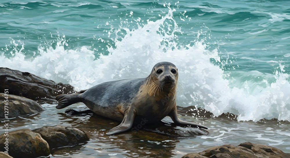 Obraz premium Seal Relaxing on Rocks by Ocean Waves a Coastal Wildlife Scene