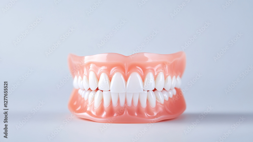 Obraz premium Artificial dentures display realistic set of teeth, showcasing bright white enamel and natural gum color. Ideal for dental education and oral health discussions