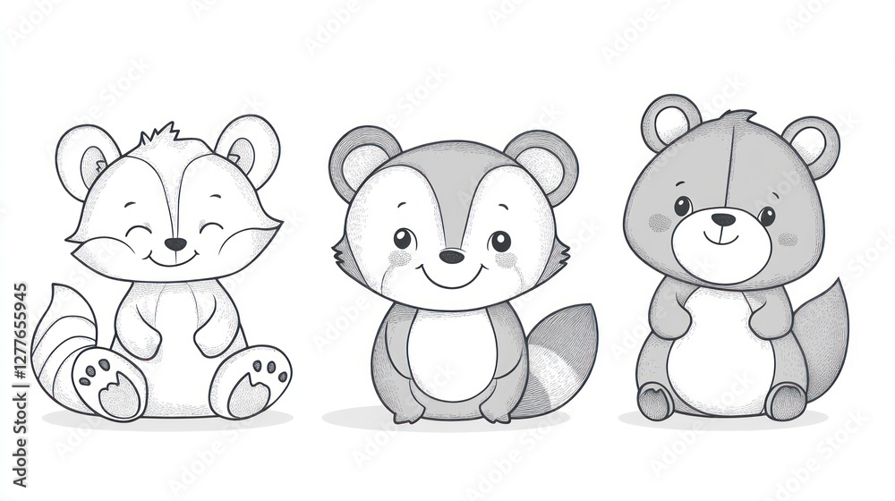 Cute cartoon animals, monochrome style, sitting in a row. Cute cartoon animals, monochrome style, sitting in a row.