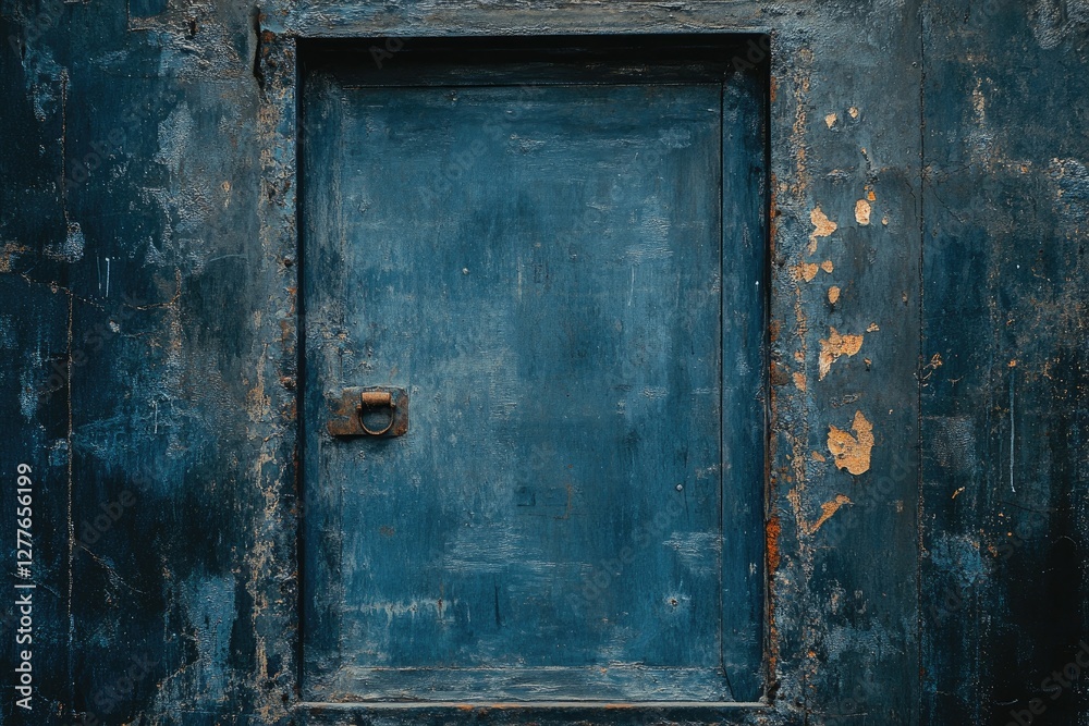 Aged navy blue metal door, weathered wall, architectural detail Aged navy blue metal door, weathered wall, architectural detail