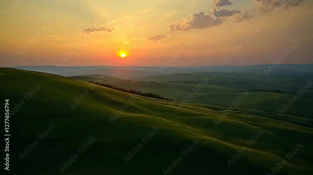 Sunset over rolling hills with vibrant colors illuminating the sky and landscape in serene tranquility Sunset over rolling hills with vibrant colors illuminating the sky and landscape in serene tranquility