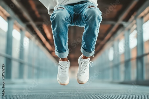 A dynamic action shot of a teenager jumping mid-air in cool sneakers and baggy jeans.