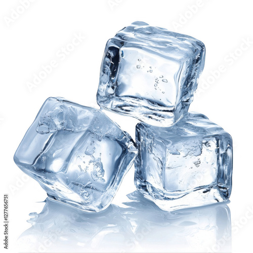 Three Refreshing Ice Cubes Isolated on a Crisp White Background for Perfect Beverage Presentation or Cool Visual Effect PNG
