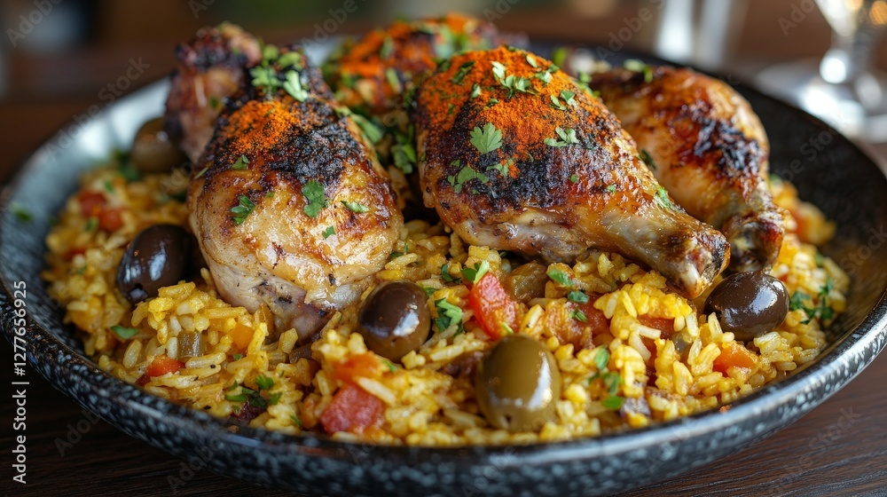 A vibrant dish of seasoned rice topped with grilled chicken and olives, garnished with herbs. A vibrant dish of seasoned rice topped with grilled chicken and olives, garnished with herbs.