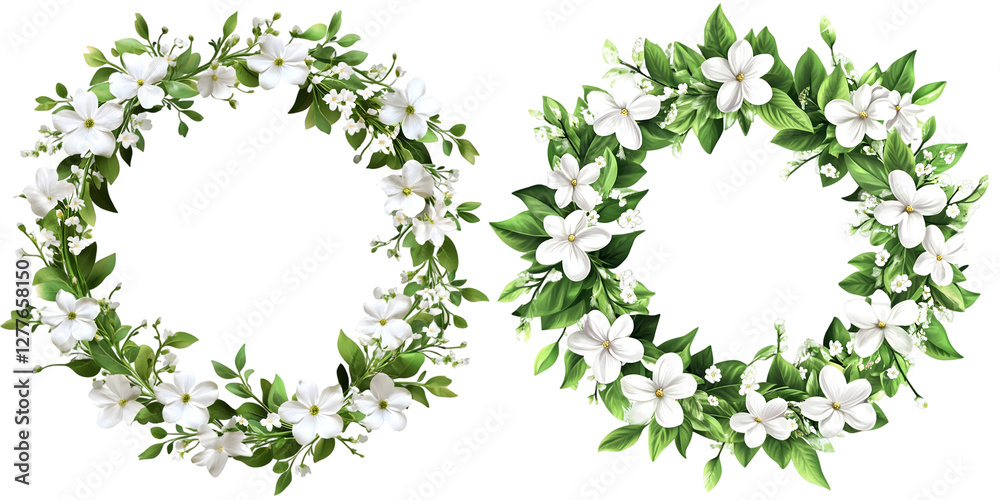 Fototapeta premium Green leaf and white flower wreaths for decorative floral arrangements transparent background