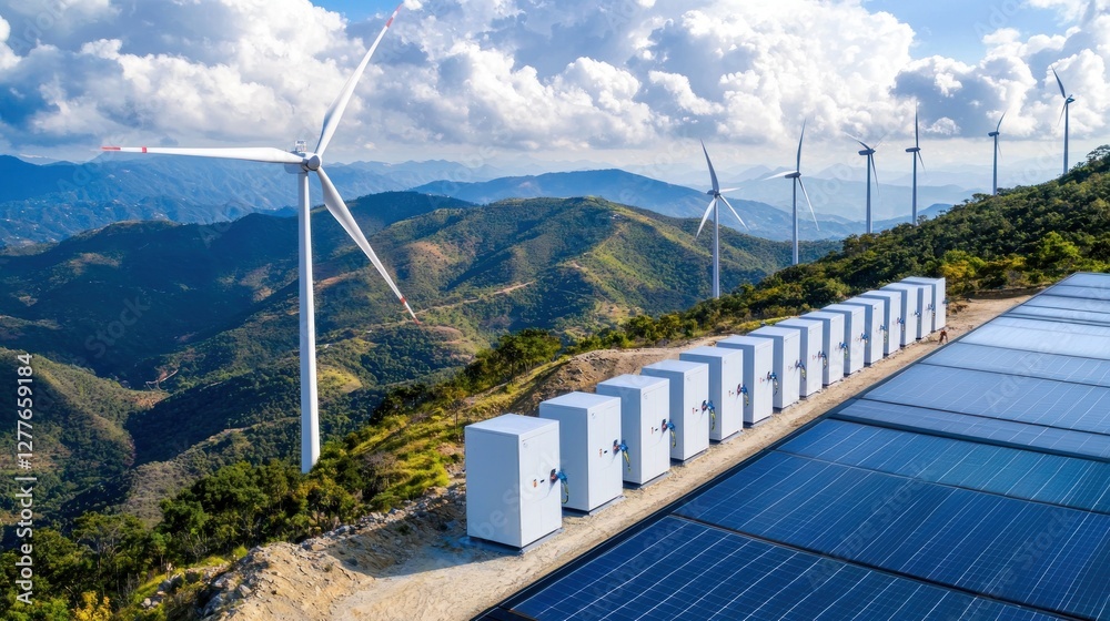 Fototapeta premium Scenic Mountain Landscape Featuring Wind Turbines Solar Panels and Energy Storage for Sustainable Power Generation Under a Cloudy Blue Sky