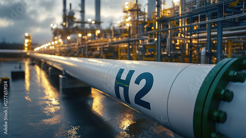realistic photograph of industrial facility featuring large pipeline labeled H2, surrounded by machinery and illuminated by ambient lighting, conveying sense of energy and innovation