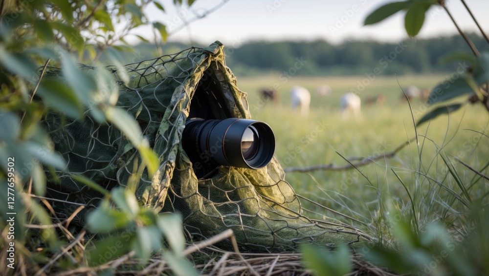 Obraz premium Wildlife photography hut hidden in foliage, camouflaged, lens protruding. Captures meticulous setup for photographing animals. Perfect for nature photography content.