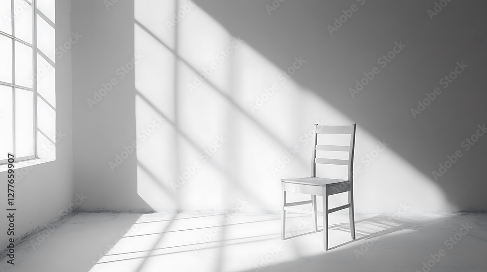 Obraz premium A solitary chair sits in a sunlit white room