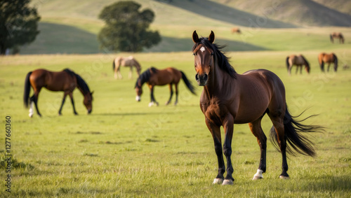 Wild horse standing in open meadow, muscular build and flowing mane highlighted by soft sunlight. Blurred background of grazing horses adds depth. Perfect for wildlife photography.