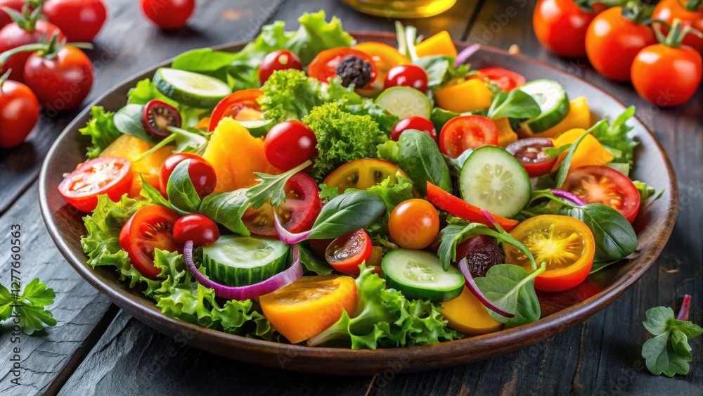 A vibrant and refreshing salad bowl brimming with colorful vegetables, including crisp cucumbers, juicy tomatoes, and sweet bell peppers, artfully arranged on a rustic wooden surface. A vibrant and refreshing salad bowl brimming with colorful vegetables, including crisp cucumbers, juicy tomatoes, and sweet bell peppers, artfully arranged on a rustic wooden surface.
