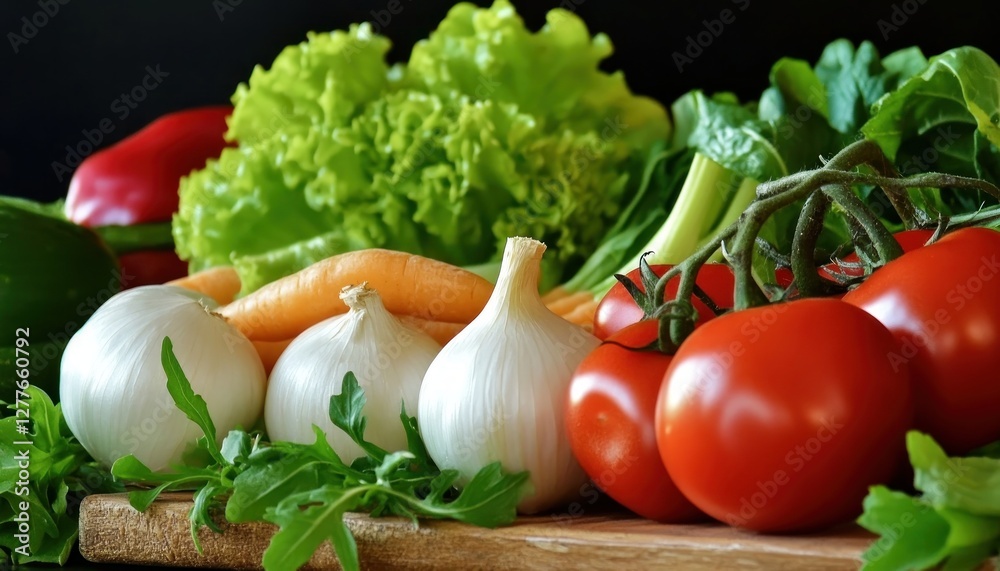 Discover vibrant plant-based eating with this stunning image showcasing a variety of fresh vegetables arranged beautifully on a rustic wooden board Embodying healthy lifestyle choices, this visually Discover vibrant plant-based eating with this stunning image showcasing a variety of fresh vegetables arranged beautifully on a rustic wooden board Embodying healthy lifestyle choices, this visually