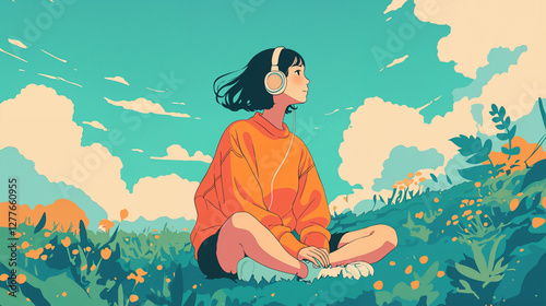 草原で音楽を聴く女性